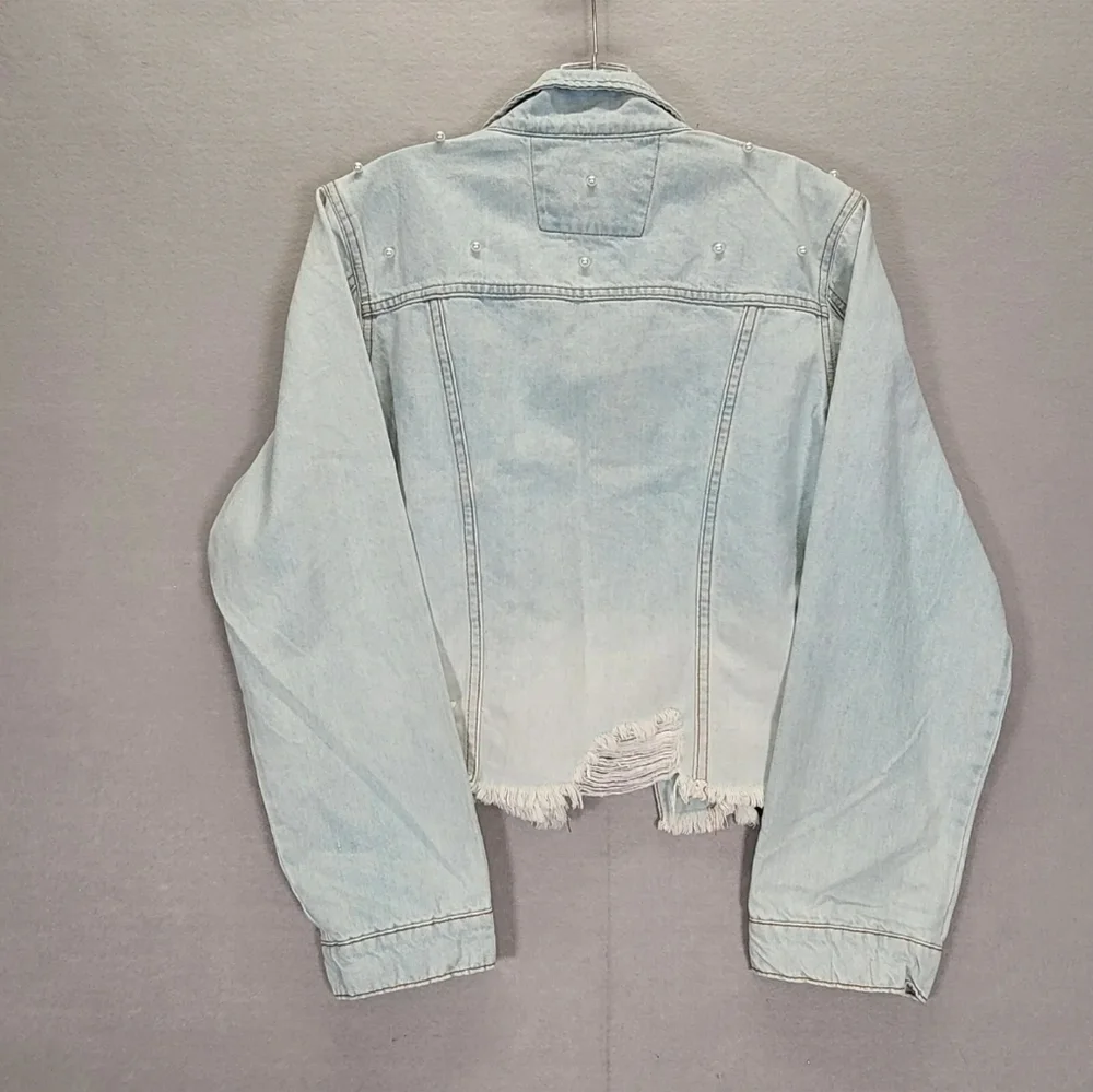 Womens Light Wash Peplum Destructed Hem Detail Jacket Stylish Windbreak size XL - Picture 2 of 16